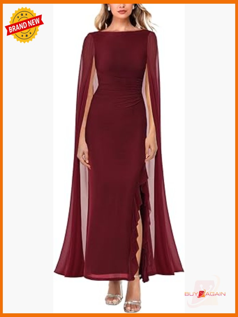Women's Sexy Long Sleeve High Split Ruched Bodycon Formal Maxi Dress With Cape